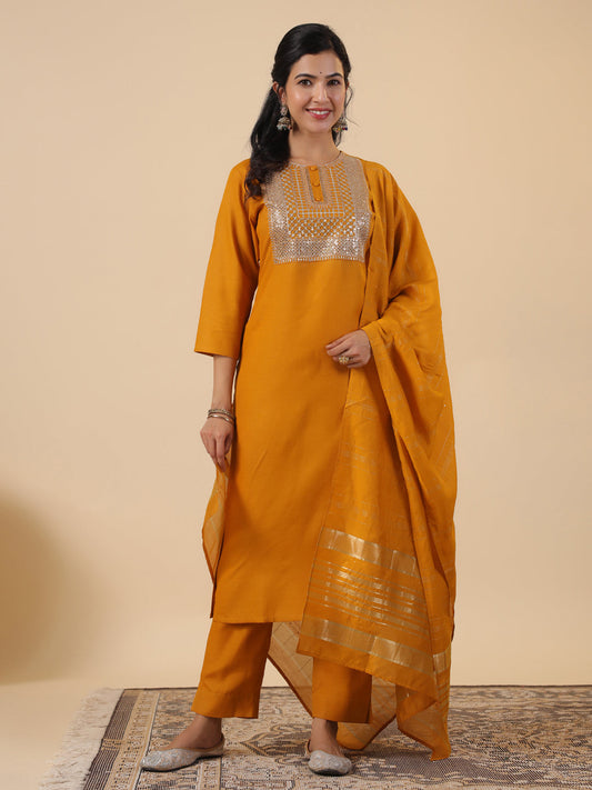 Janasya Regular Magics Slub Mustard Embroidered Round Neck Kurta,Bottom & Dupatta | Swadesiicart