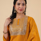 Janasya Regular Magics Slub Mustard Embroidered Round Neck Kurta,Bottom & Dupatta | Swadesiicart