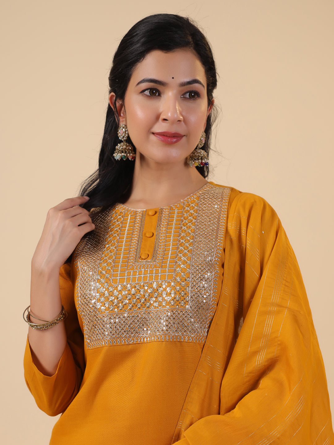 Janasya Regular Magics Slub Mustard Embroidered Round Neck Kurta,Bottom & Dupatta | Swadesiicart