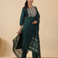 Janasya Straight Magics Slub Dark Green Yoke Embroidery Notch Neck Kurta,Bottom & Dupatta | Swadesiicart