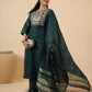Janasya Straight Magics Slub Dark Green Yoke Embroidery Notch Neck Kurta,Bottom & Dupatta | Swadesiicart