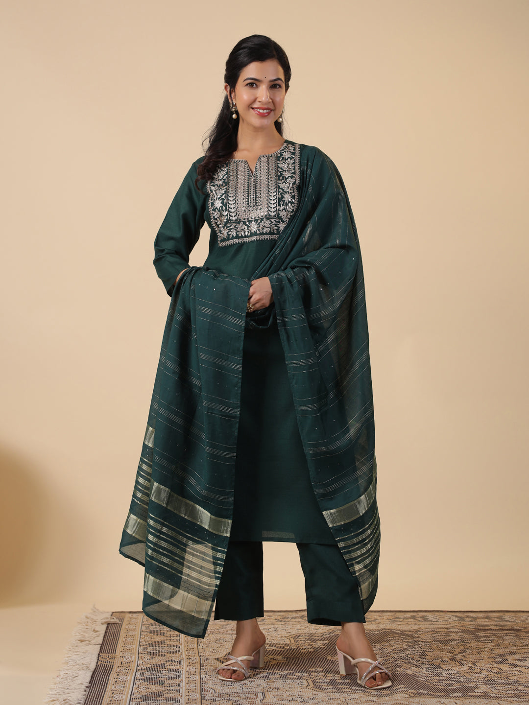 Janasya Straight Magics Slub Dark Green Yoke Embroidery Notch Neck Kurta,Bottom & Dupatta | Swadesiicart