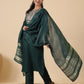 Janasya Straight Magics Slub Dark Green Yoke Embroidery Notch Neck Kurta,Bottom & Dupatta | Swadesiicart