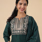 Janasya Straight Magics Slub Dark Green Yoke Embroidery Notch Neck Kurta,Bottom & Dupatta | Swadesiicart