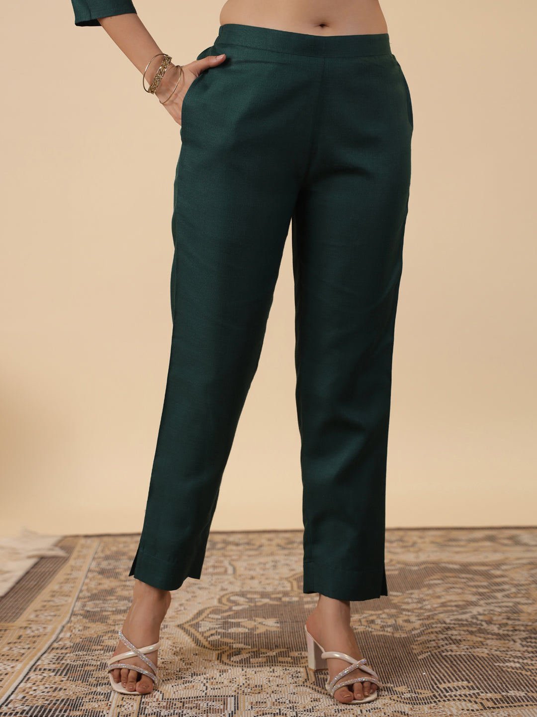 Janasya Straight Magics Slub Dark Green Yoke Embroidery Notch Neck Kurta,Bottom & Dupatta | Swadesiicart