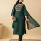 Janasya Straight Magics Slub Dark Green Yoke Embroidery Round Neck Kurta,Bottom & Dupatta | Swadesiicart