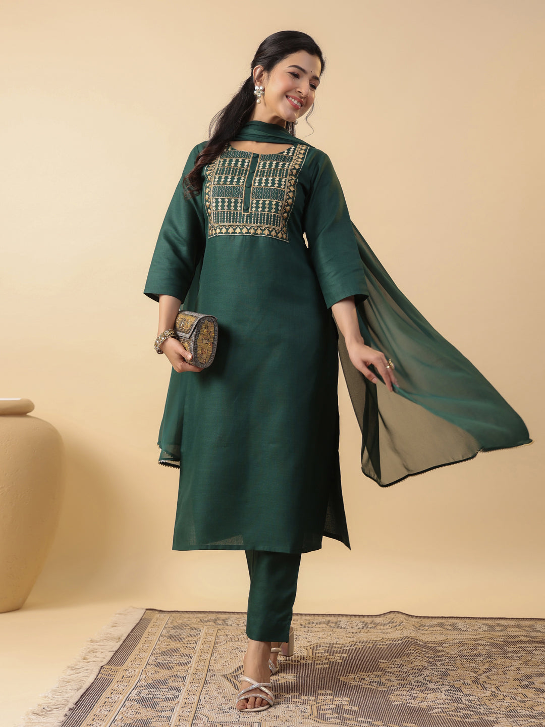 Janasya Straight Magics Slub Dark Green Yoke Embroidery Round Neck Kurta,Bottom & Dupatta | Swadesiicart