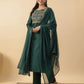 Janasya Straight Magics Slub Dark Green Yoke Embroidery Round Neck Kurta,Bottom & Dupatta | Swadesiicart
