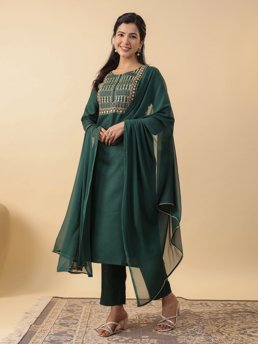 Janasya Straight Magics Slub Dark Green Yoke Embroidery Round Neck Kurta,Bottom & Dupatta | Swadesiicart