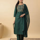 Janasya Straight Magics Slub Dark Green Yoke Embroidery Round Neck Kurta,Bottom & Dupatta | Swadesiicart