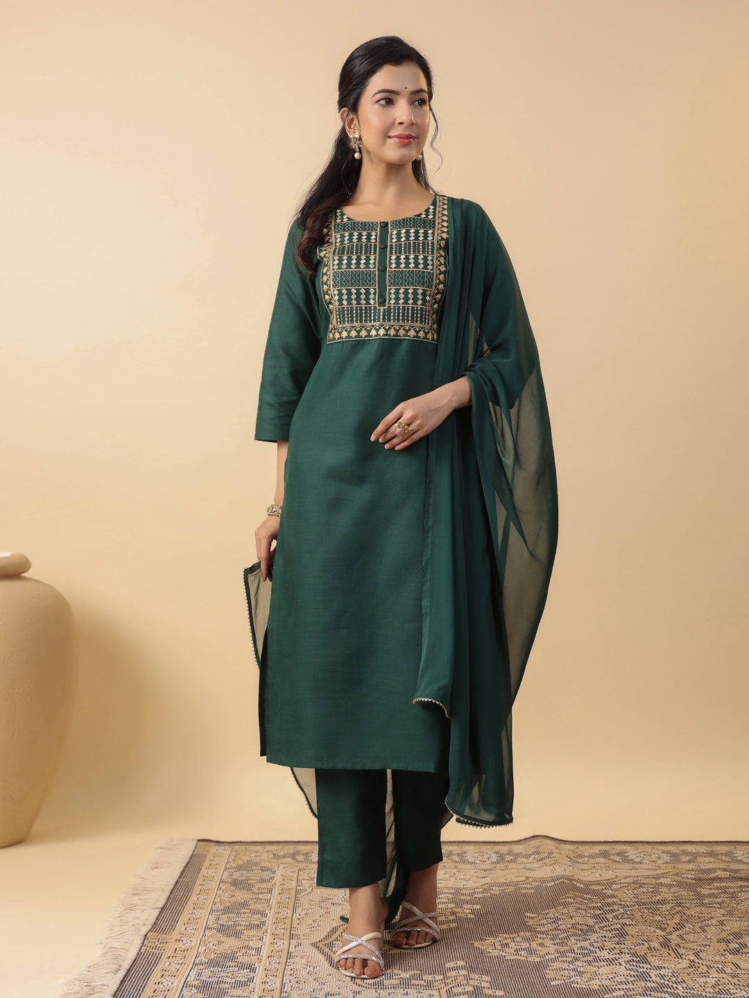 Janasya Straight Magics Slub Dark Green Yoke Embroidery Round Neck Kurta,Bottom & Dupatta | Swadesiicart