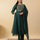 Janasya Straight Magics Slub Dark Green Yoke Embroidery Round Neck Kurta,Bottom & Dupatta | Swadesiicart