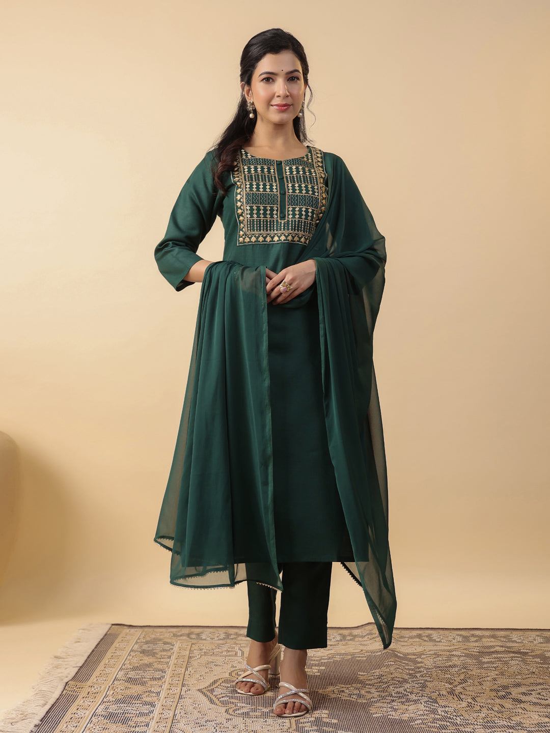 Janasya Straight Magics Slub Dark Green Yoke Embroidery Round Neck Kurta,Bottom & Dupatta | Swadesiicart