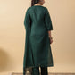 Janasya Straight Magics Slub Dark Green Yoke Embroidery Round Neck Kurta,Bottom & Dupatta | Swadesiicart