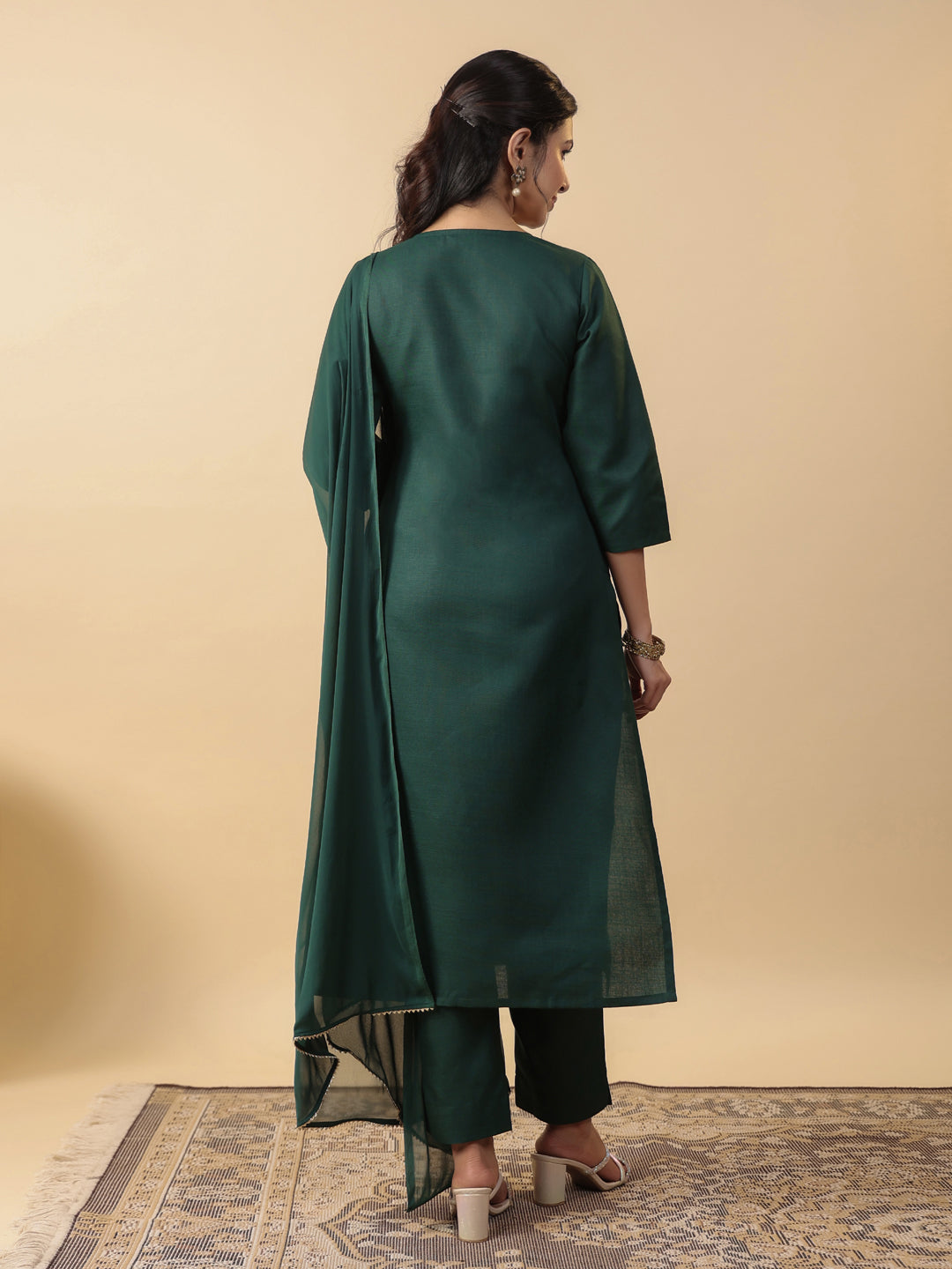 Janasya Straight Magics Slub Dark Green Yoke Embroidery Round Neck Kurta,Bottom & Dupatta | Swadesiicart