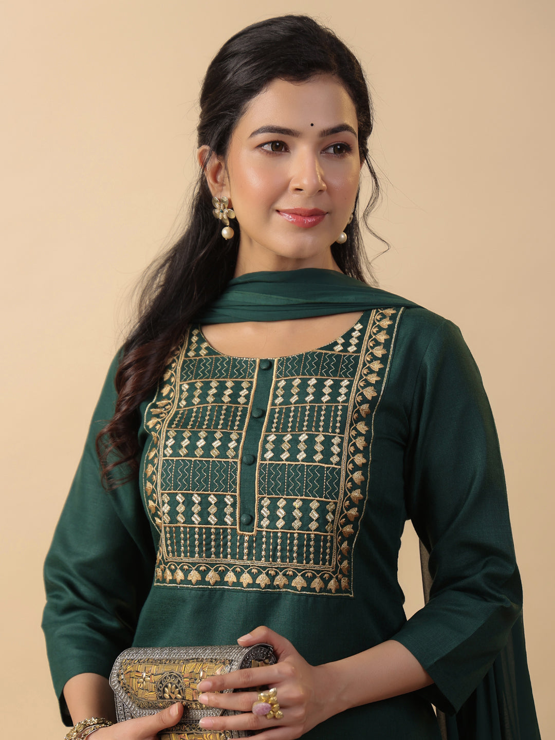 Janasya Straight Magics Slub Dark Green Yoke Embroidery Round Neck Kurta,Bottom & Dupatta | Swadesiicart