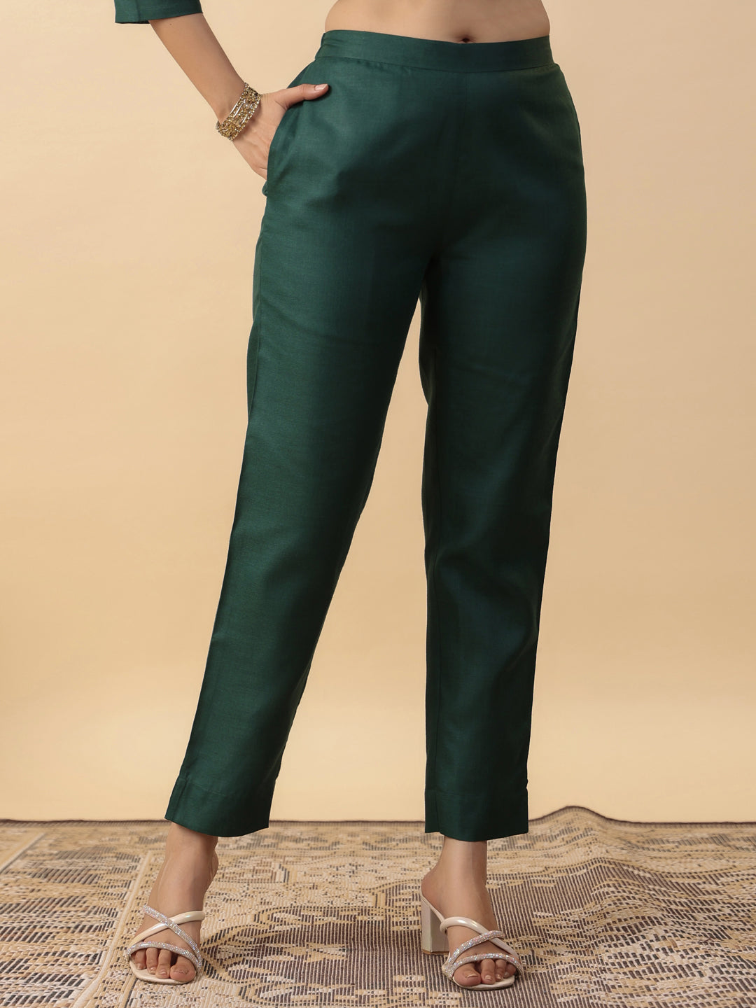 Janasya Straight Magics Slub Dark Green Yoke Embroidery Round Neck Kurta,Bottom & Dupatta | Swadesiicart