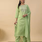 Janasya Straight Magics Slub Green Embroidered Round Neck Kurta,Bottom & Dupatta | Swadesiicart