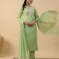 Janasya Straight Magics Slub Green Embroidered Round Neck Kurta,Bottom & Dupatta | Swadesiicart