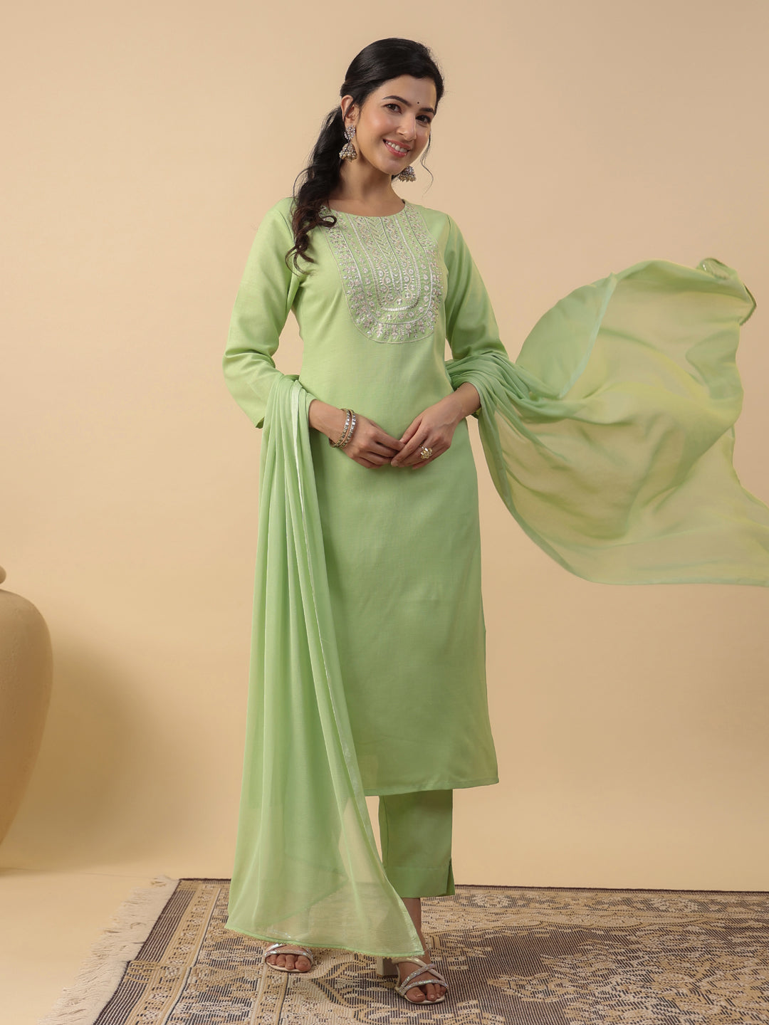 Janasya Straight Magics Slub Green Embroidered Round Neck Kurta,Bottom & Dupatta | Swadesiicart