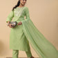 Janasya Straight Magics Slub Green Embroidered Round Neck Kurta,Bottom & Dupatta | Swadesiicart