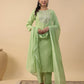 Janasya Straight Magics Slub Green Embroidered Round Neck Kurta,Bottom & Dupatta | Swadesiicart