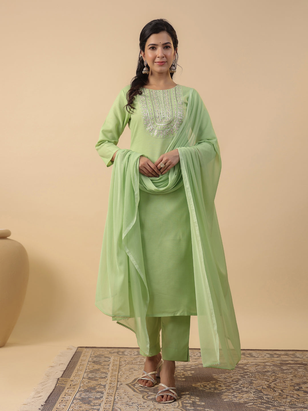 Janasya Straight Magics Slub Green Embroidered Round Neck Kurta,Bottom & Dupatta | Swadesiicart