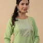 Janasya Straight Magics Slub Green Embroidered Round Neck Kurta,Bottom & Dupatta | Swadesiicart