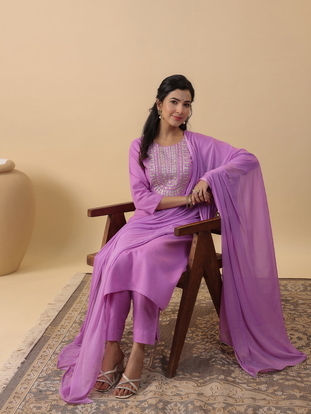 Janasya Straight Magics Slub Lavender Embroidered Round Neck Kurta,Bottom & Dupatta | Swadesiicart