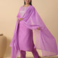 Janasya Straight Magics Slub Lavender Embroidered Round Neck Kurta,Bottom & Dupatta | Swadesiicart