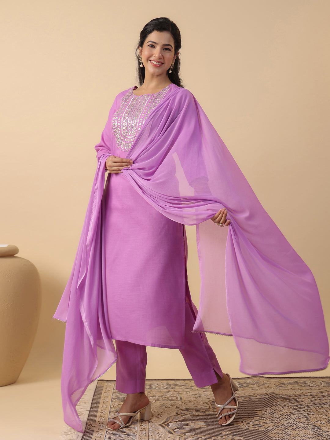 Janasya Straight Magics Slub Lavender Embroidered Round Neck Kurta,Bottom & Dupatta | Swadesiicart