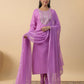 Janasya Straight Magics Slub Lavender Embroidered Round Neck Kurta,Bottom & Dupatta | Swadesiicart