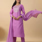 Janasya Straight Magics Slub Lavender Embroidered Round Neck Kurta,Bottom & Dupatta | Swadesiicart