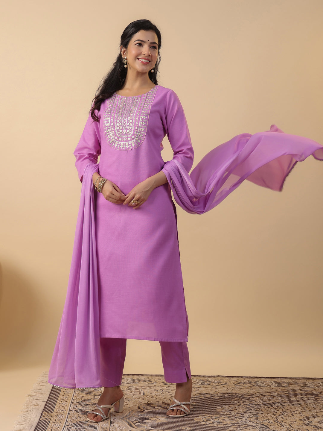Janasya Straight Magics Slub Lavender Embroidered Round Neck Kurta,Bottom & Dupatta | Swadesiicart
