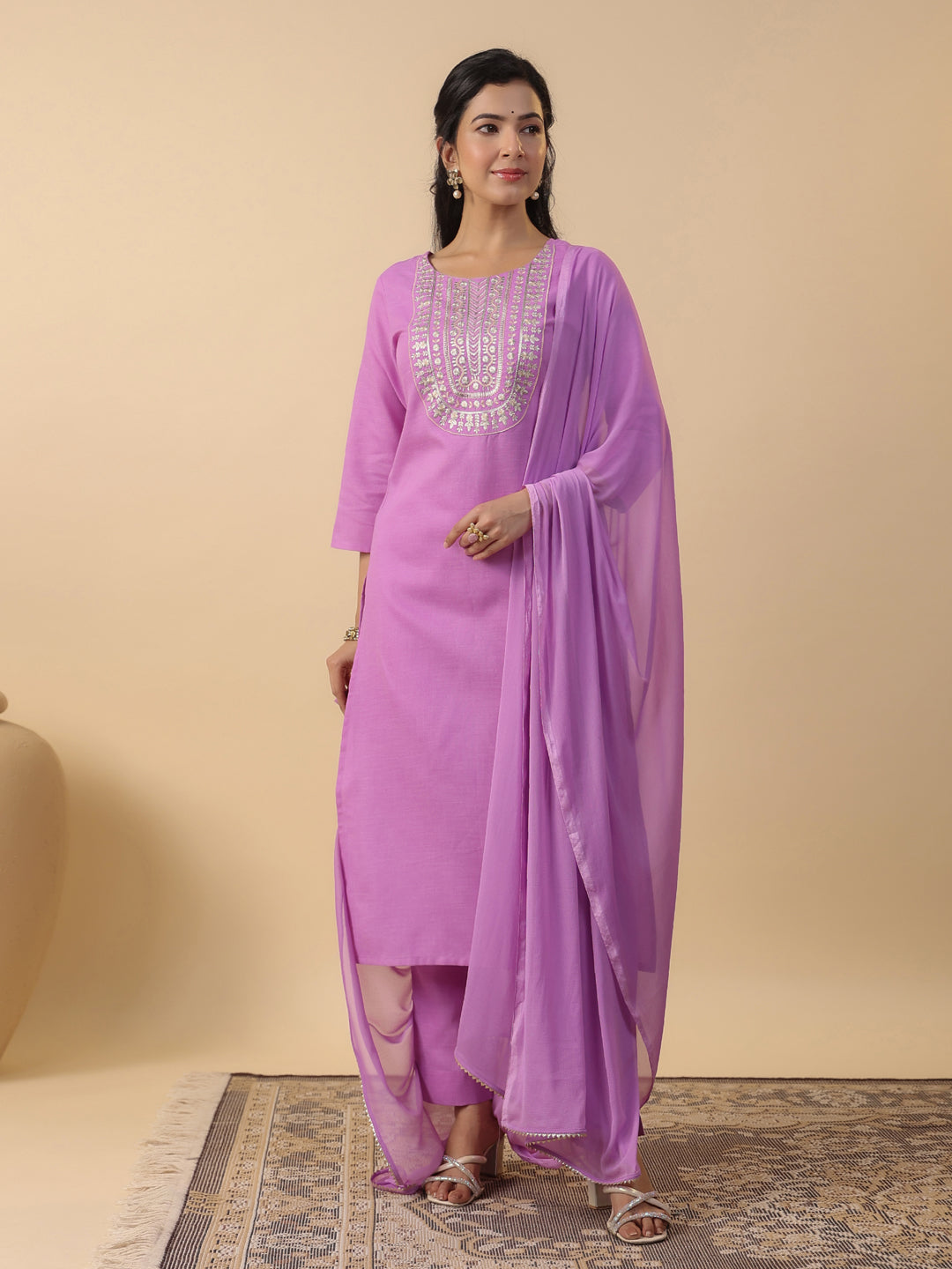 Janasya Straight Magics Slub Lavender Embroidered Round Neck Kurta,Bottom & Dupatta | Swadesiicart