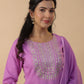 Janasya Straight Magics Slub Lavender Embroidered Round Neck Kurta,Bottom & Dupatta | Swadesiicart