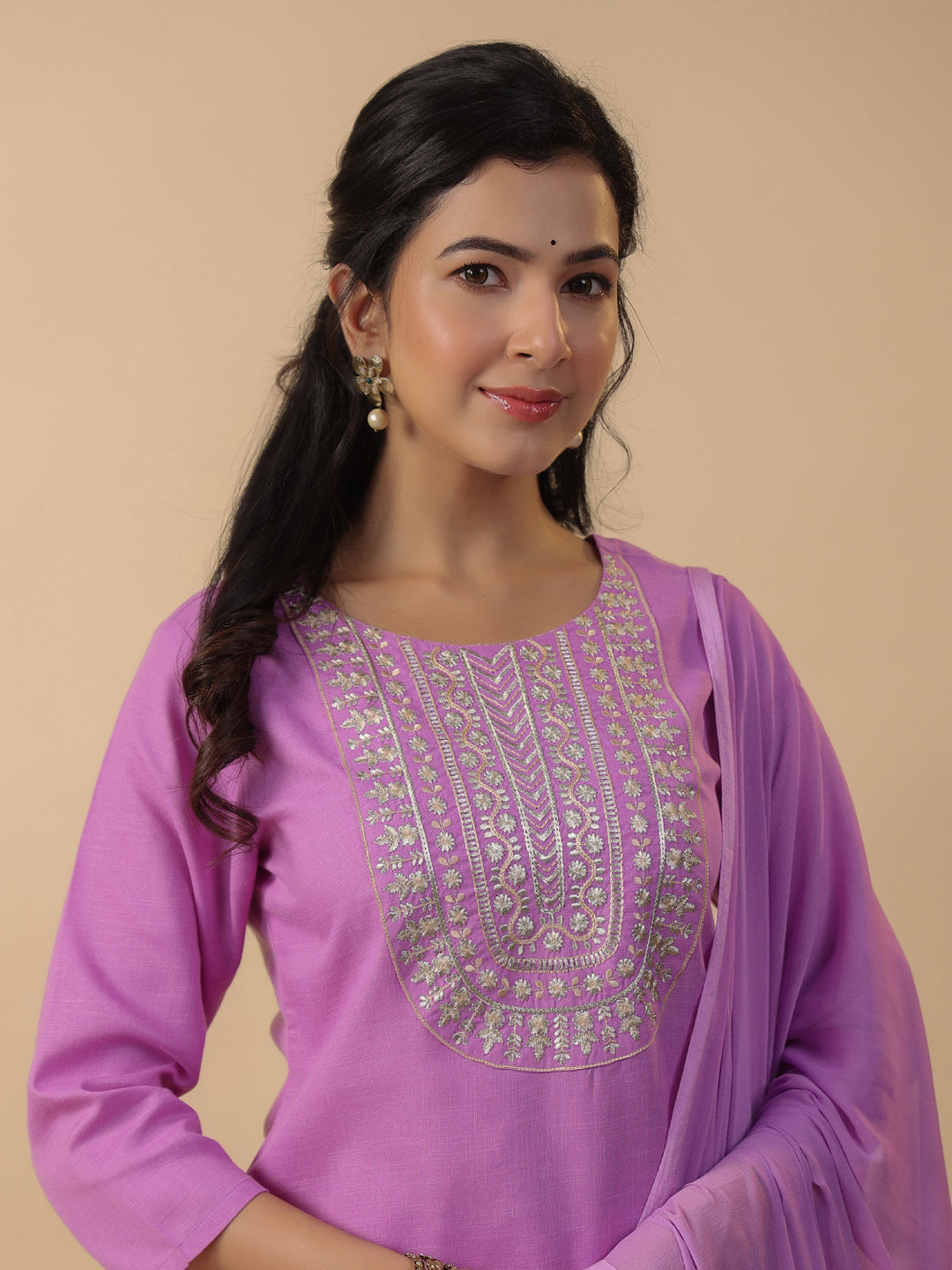 Janasya Straight Magics Slub Lavender Embroidered Round Neck Kurta,Bottom & Dupatta | Swadesiicart