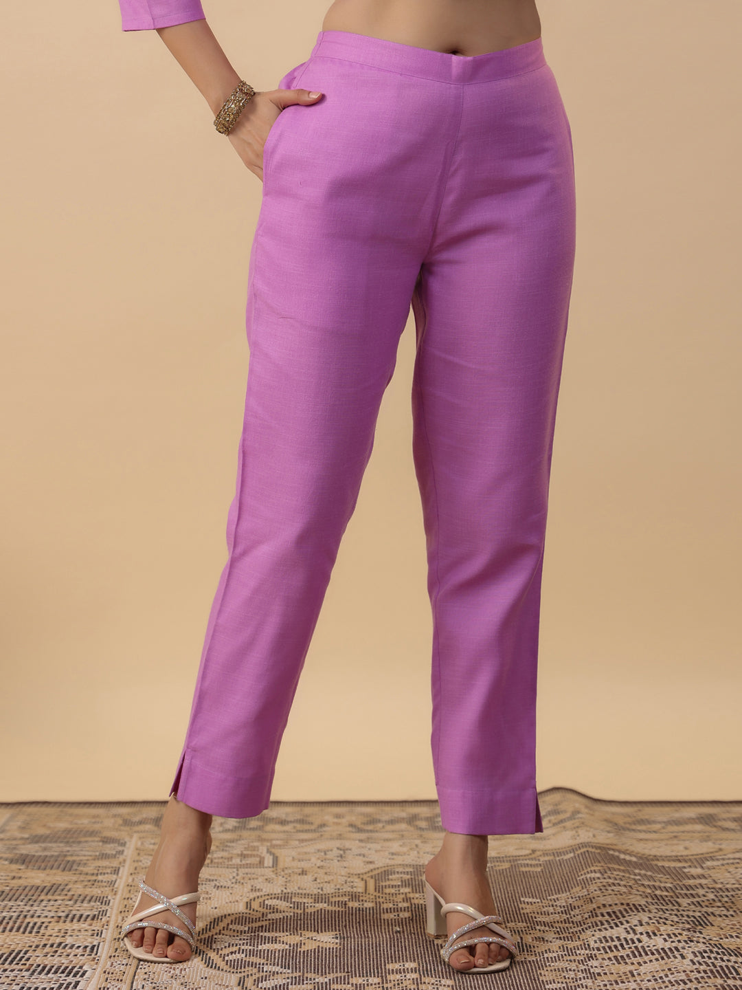 Janasya Straight Magics Slub Lavender Embroidered Round Neck Kurta,Bottom & Dupatta | Swadesiicart