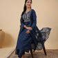 Janasya Straight Magics Slub Navy Blue Embroidered Notch Neck Kurta,Bottom & Dupatta | Swadesiicart