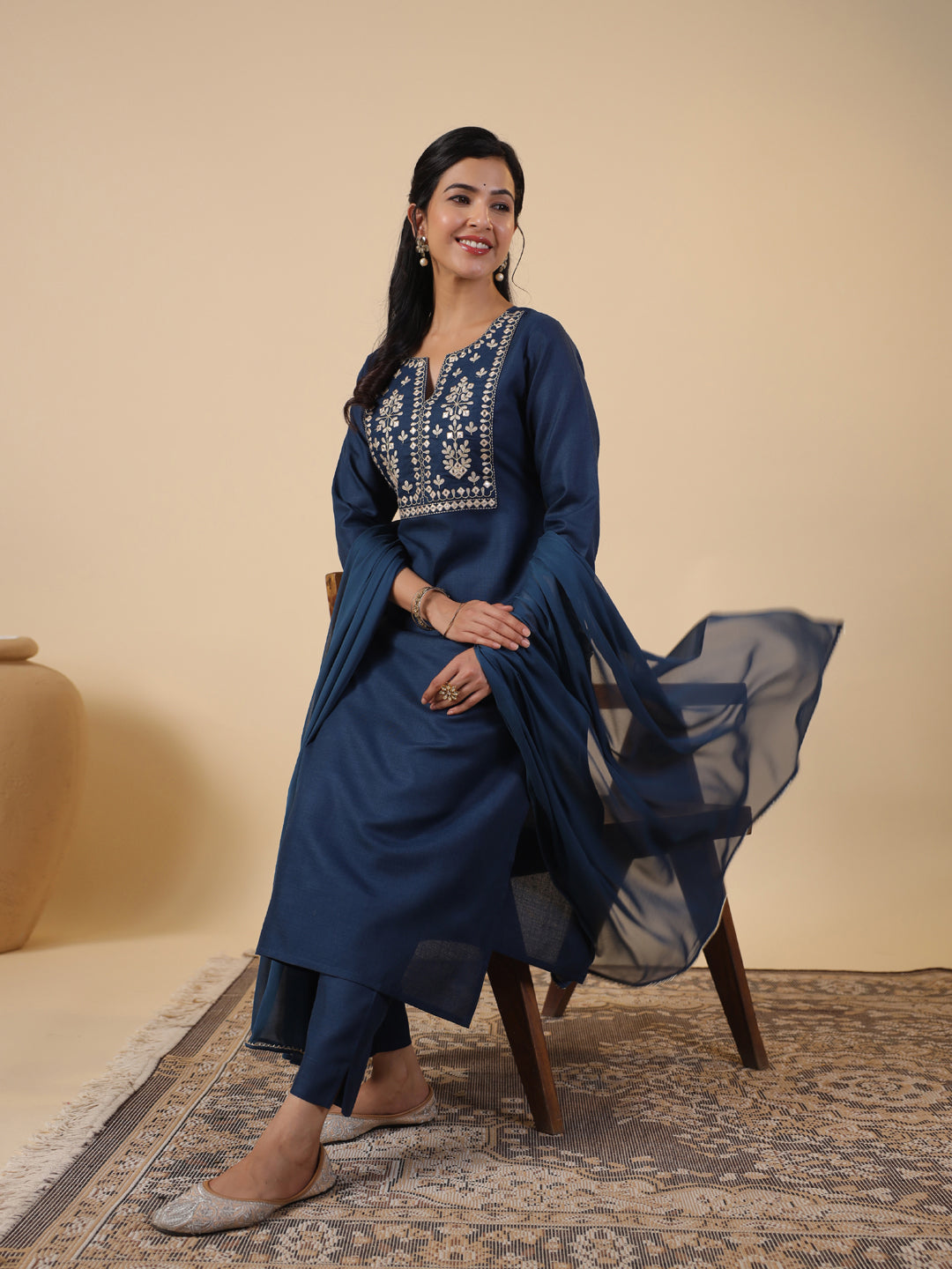 Janasya Straight Magics Slub Navy Blue Embroidered Notch Neck Kurta,Bottom & Dupatta | Swadesiicart