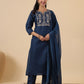 Janasya Straight Magics Slub Navy Blue Embroidered Notch Neck Kurta,Bottom & Dupatta | Swadesiicart