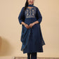 Janasya Straight Magics Slub Navy Blue Embroidered Notch Neck Kurta,Bottom & Dupatta | Swadesiicart