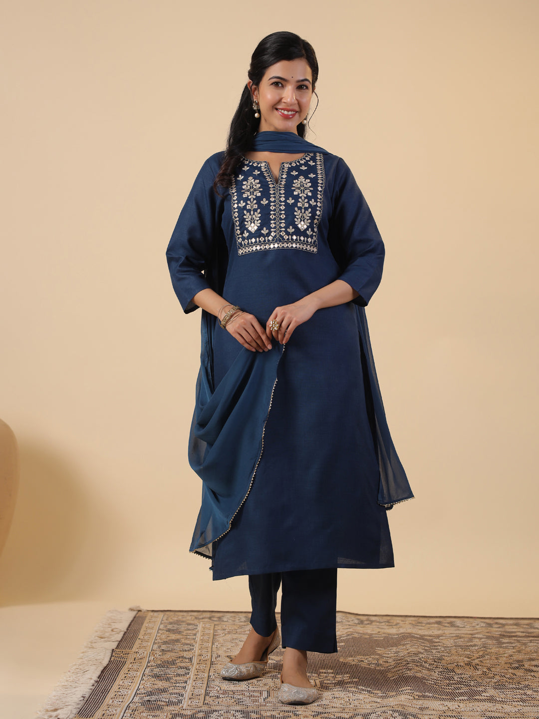 Janasya Straight Magics Slub Navy Blue Embroidered Notch Neck Kurta,Bottom & Dupatta | Swadesiicart