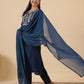 Janasya Straight Magics Slub Navy Blue Embroidered Notch Neck Kurta,Bottom & Dupatta | Swadesiicart