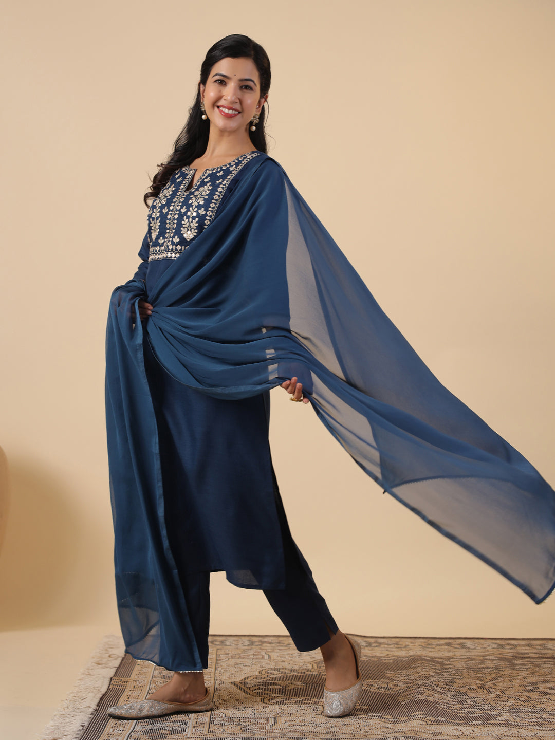 Janasya Straight Magics Slub Navy Blue Embroidered Notch Neck Kurta,Bottom & Dupatta | Swadesiicart