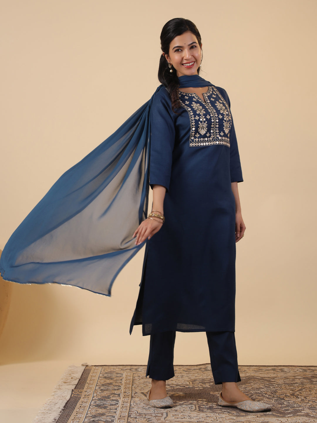 Janasya Straight Magics Slub Navy Blue Embroidered Notch Neck Kurta,Bottom & Dupatta | Swadesiicart