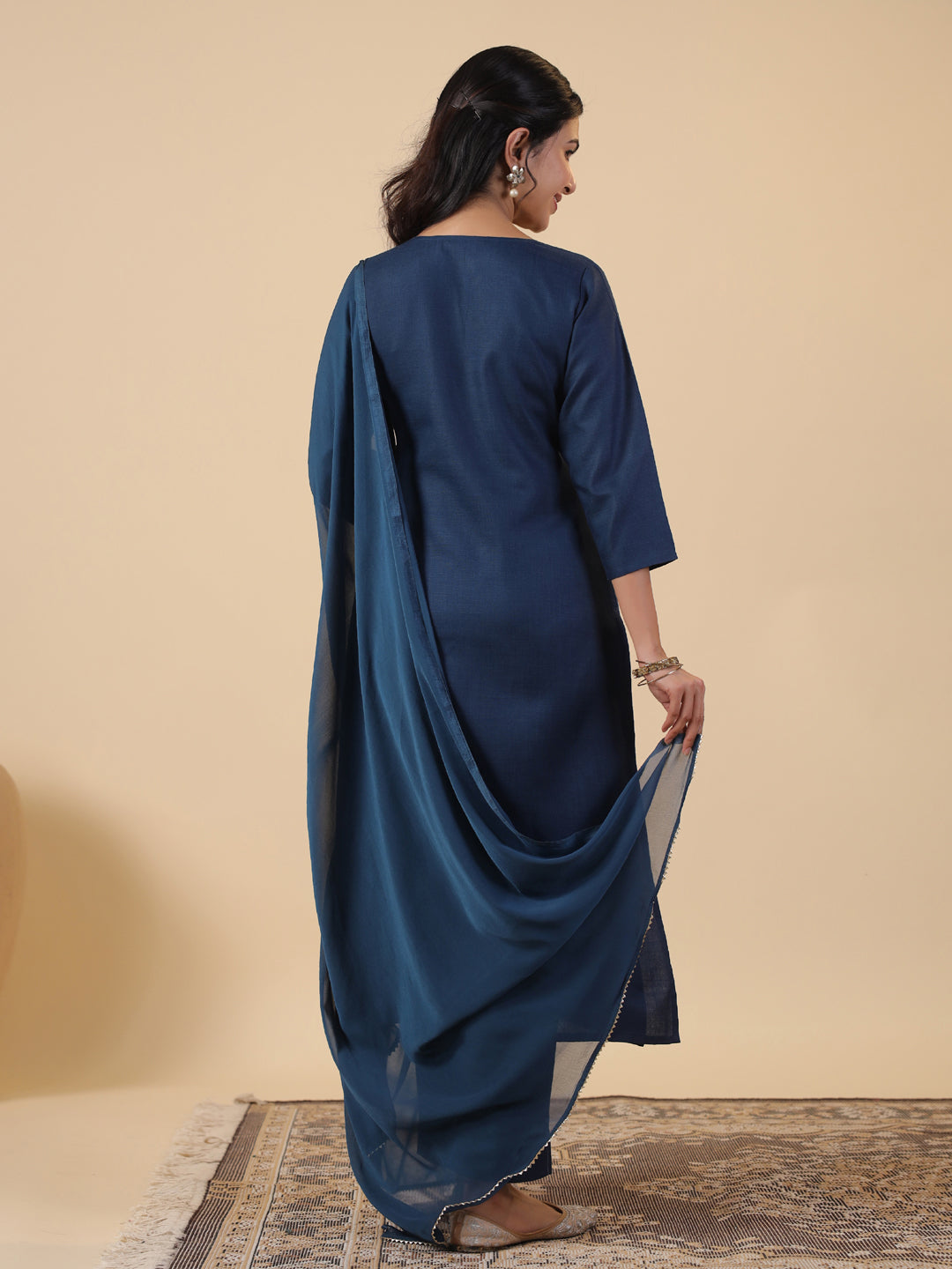 Janasya Straight Magics Slub Navy Blue Embroidered Notch Neck Kurta,Bottom & Dupatta | Swadesiicart