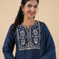 Janasya Straight Magics Slub Navy Blue Embroidered Notch Neck Kurta,Bottom & Dupatta | Swadesiicart
