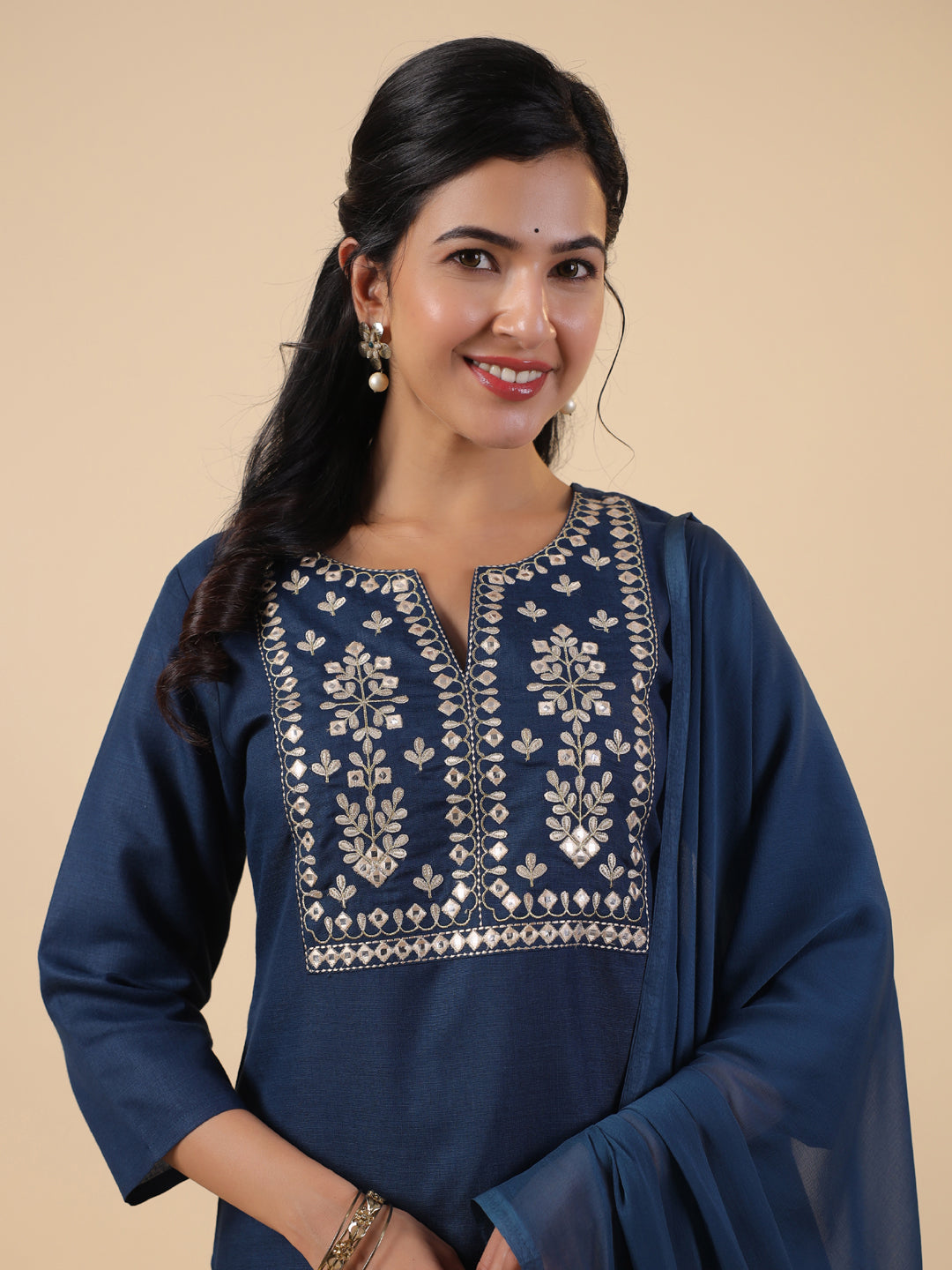 Janasya Straight Magics Slub Navy Blue Embroidered Notch Neck Kurta,Bottom & Dupatta | Swadesiicart