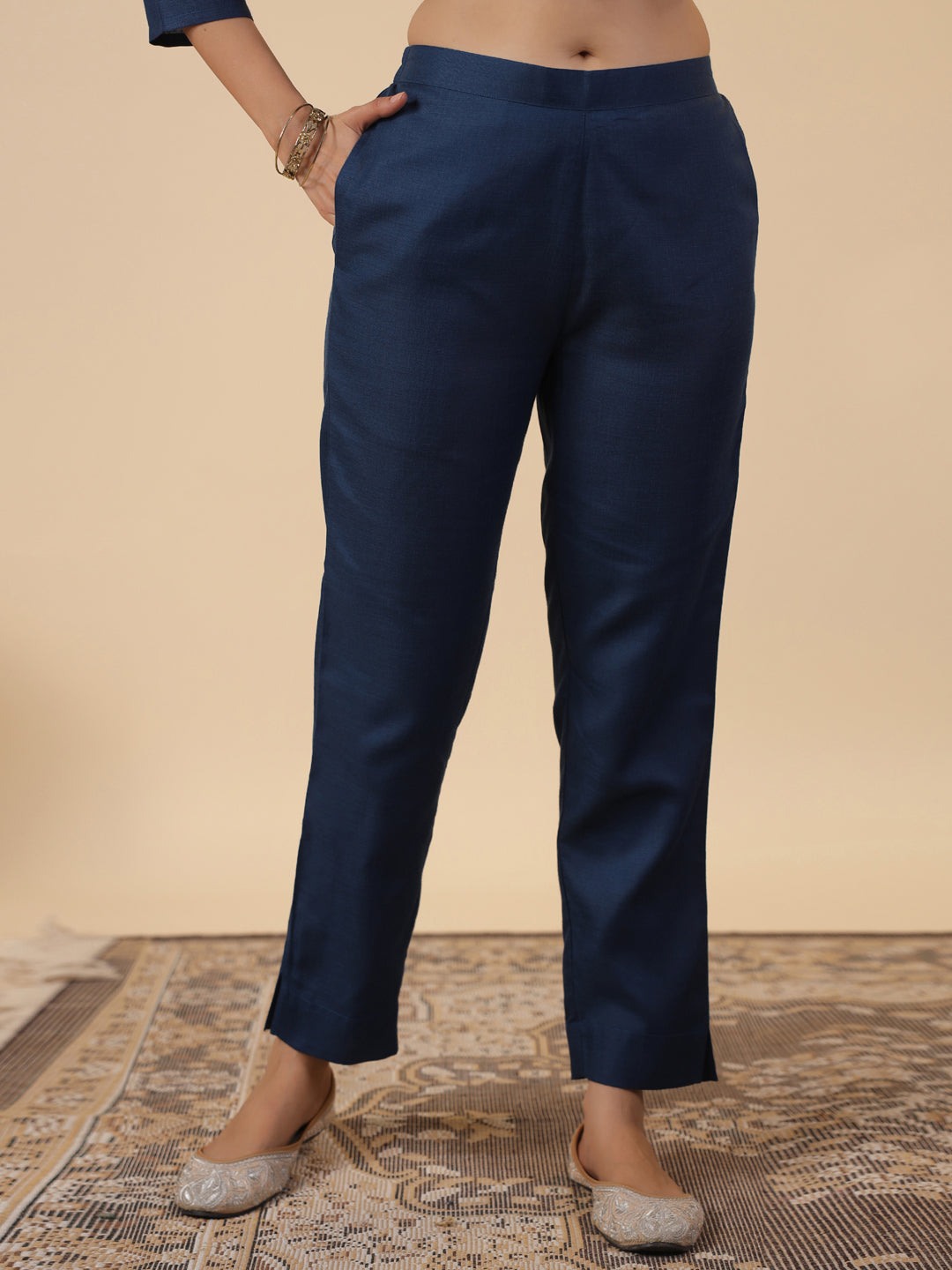 Janasya Straight Magics Slub Navy Blue Embroidered Notch Neck Kurta,Bottom & Dupatta | Swadesiicart